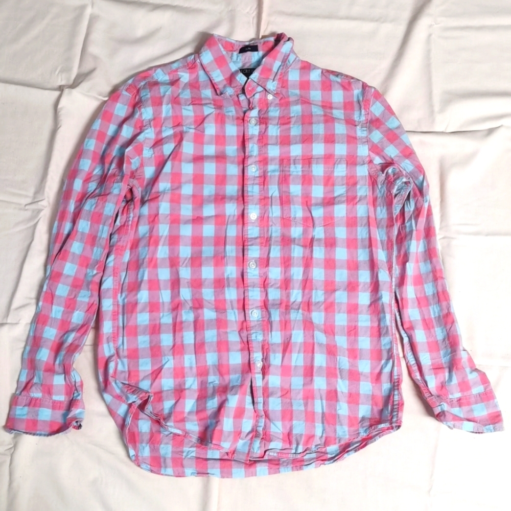 J Crew Men's Flex Washed Slim Button Up Long Sleeve Pink Gray Plaid Shirt M